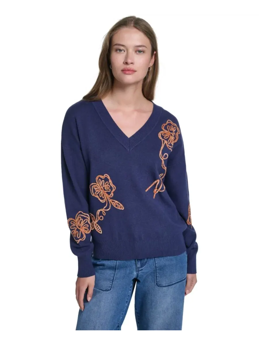 Свитер с V-образным вырезом и вышивкой Karl Floral KARL LAGERFELD PARIS, Naval Academy Sepia — изображение 1 из 7