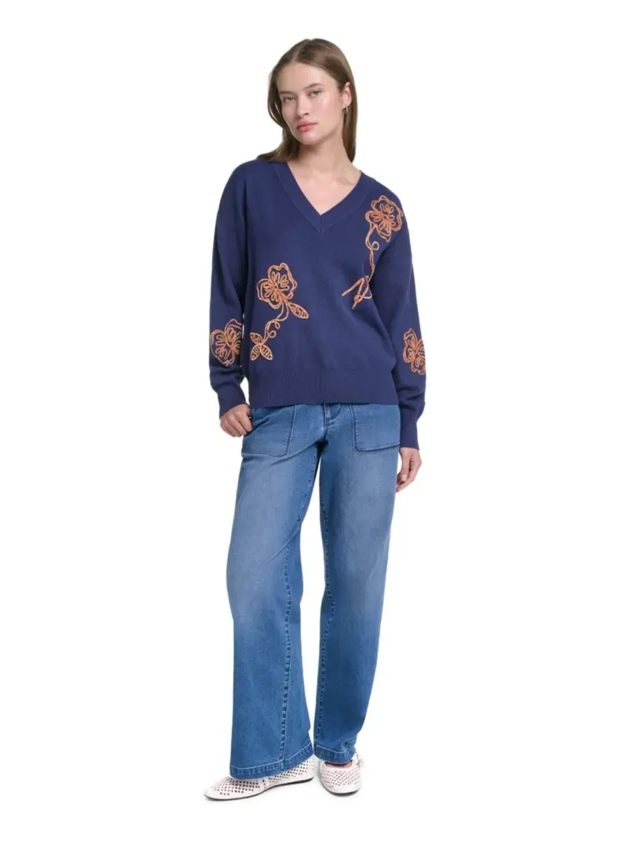 Свитер с V-образным вырезом и вышивкой Karl Floral KARL LAGERFELD PARIS, Naval Academy Sepia — изображение 2 из 7