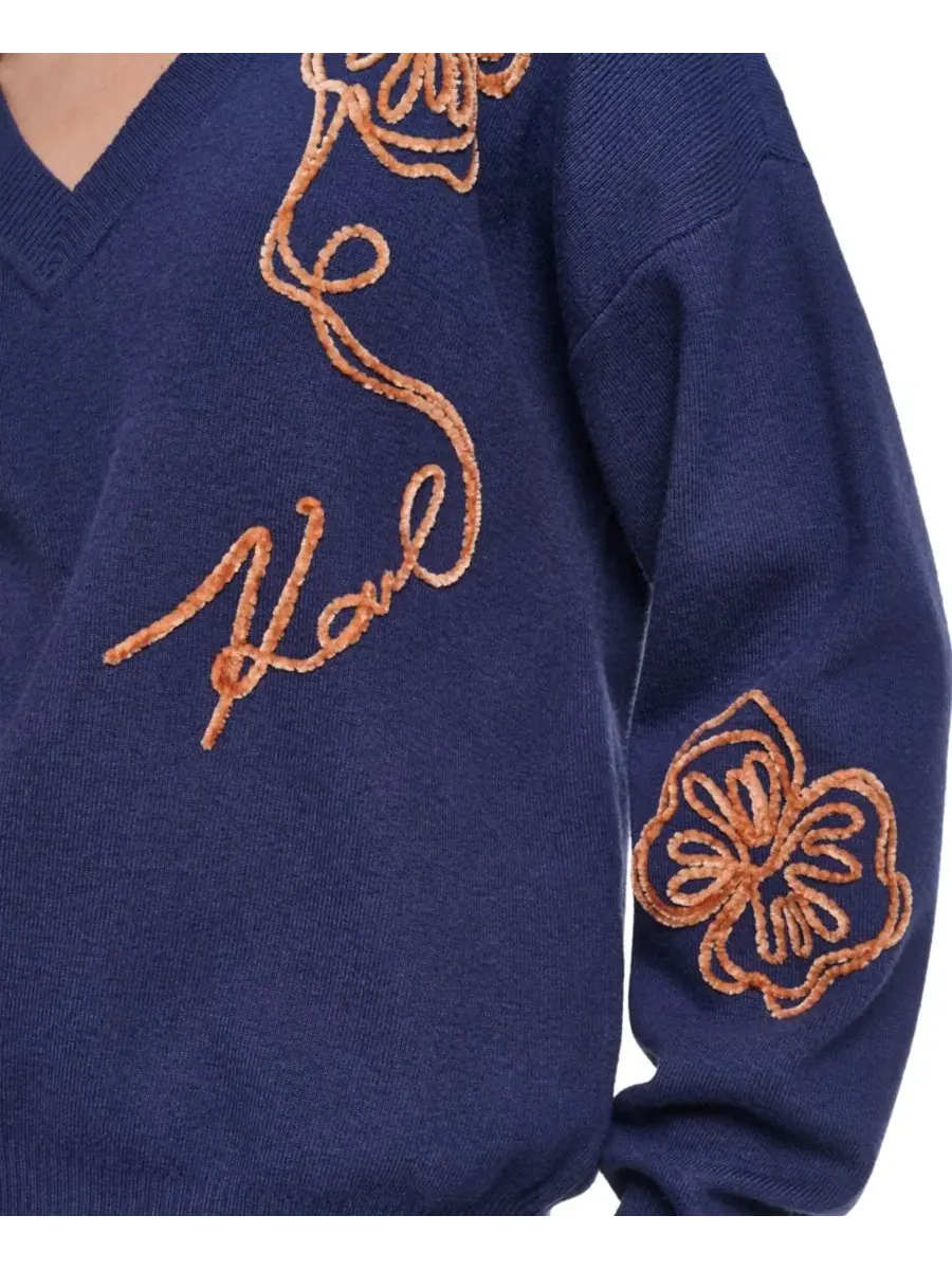 Свитер с V-образным вырезом и вышивкой Karl Floral KARL LAGERFELD PARIS, Naval Academy Sepia — изображение 4 из 7