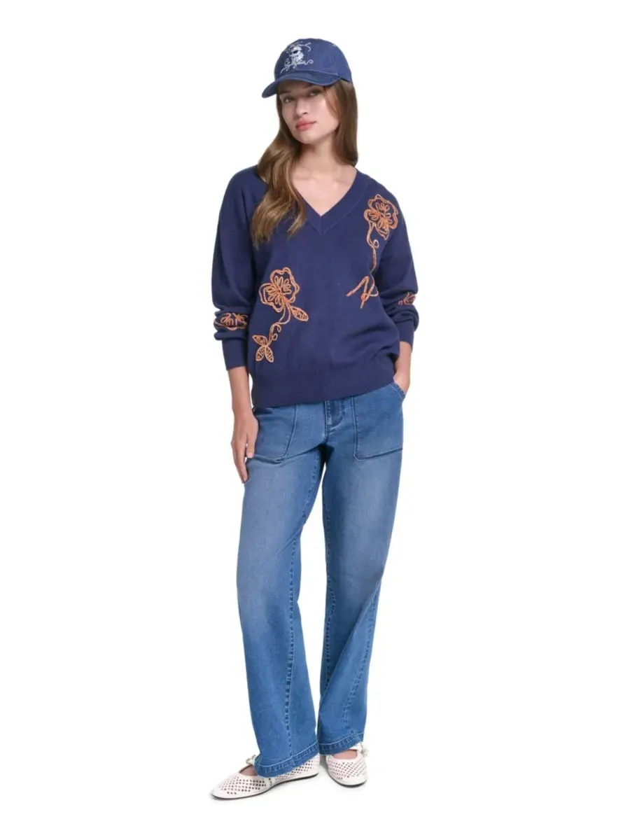 Свитер с V-образным вырезом и вышивкой Karl Floral KARL LAGERFELD PARIS, Naval Academy Sepia — изображение 7 из 7