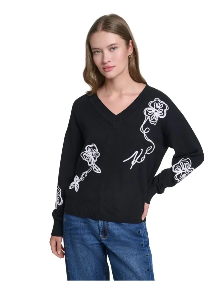 Свитер с V-образным вырезом и вышивкой Karl Floral KARL LAGERFELD PARIS — изображение 1 из 6, черный/белый