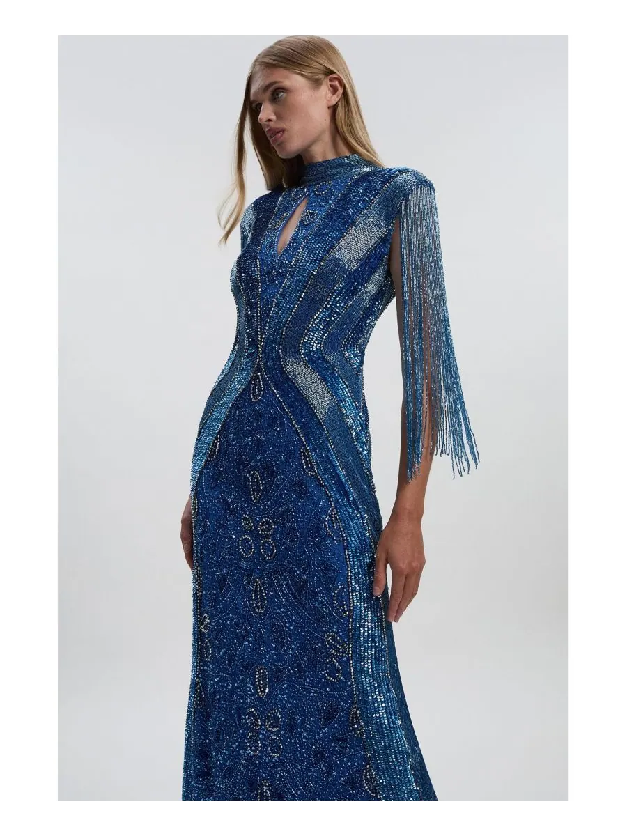 Женское длинное платье с бахромой и декорированными рукавами Karen Millen — изображение 5 из 5, синий