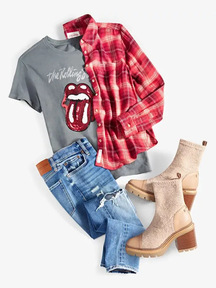 Женская хлопковая футболка-бойфренд Rolling Stones, рубашка-бойфренд Cloud Plaid и рваные узкие — изображение 3 из 3