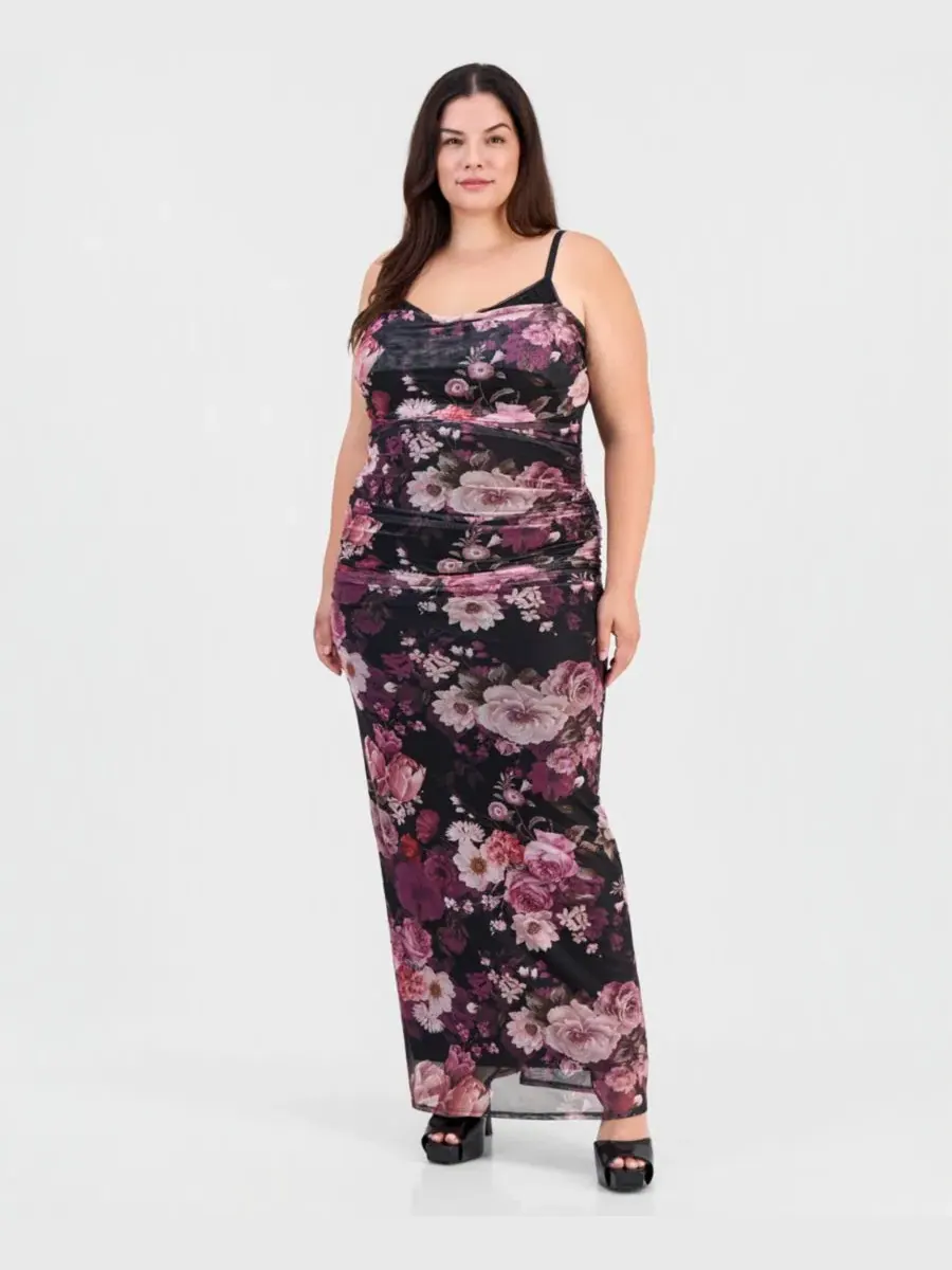 Макси-платье с рюшами и принтом Plus Size Floral Ruched Maxi Dress Emerald Sundae — изображение 1 из 5, черный/фиолетовый