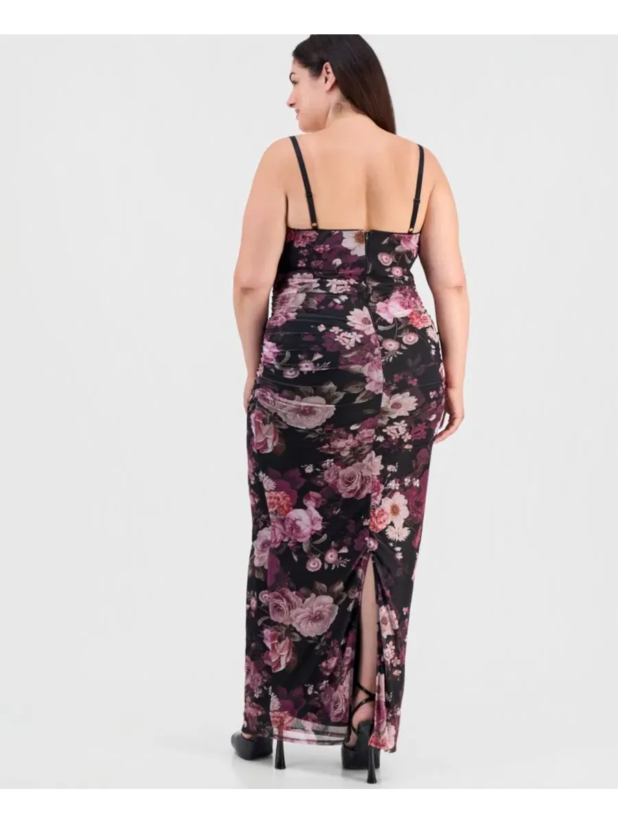 Макси-платье с рюшами и принтом Plus Size Floral Ruched Maxi Dress Emerald Sundae — изображение 5 из 5, черный/фиолетовый