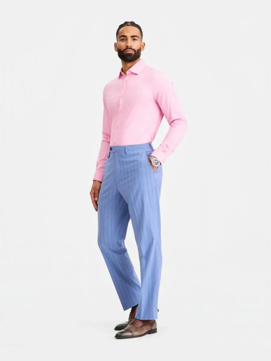 Tayion Collection Мужской классический костюм в синюю полоску, состоящий из двух частей: брюк и брюк — изображение 2 из 7