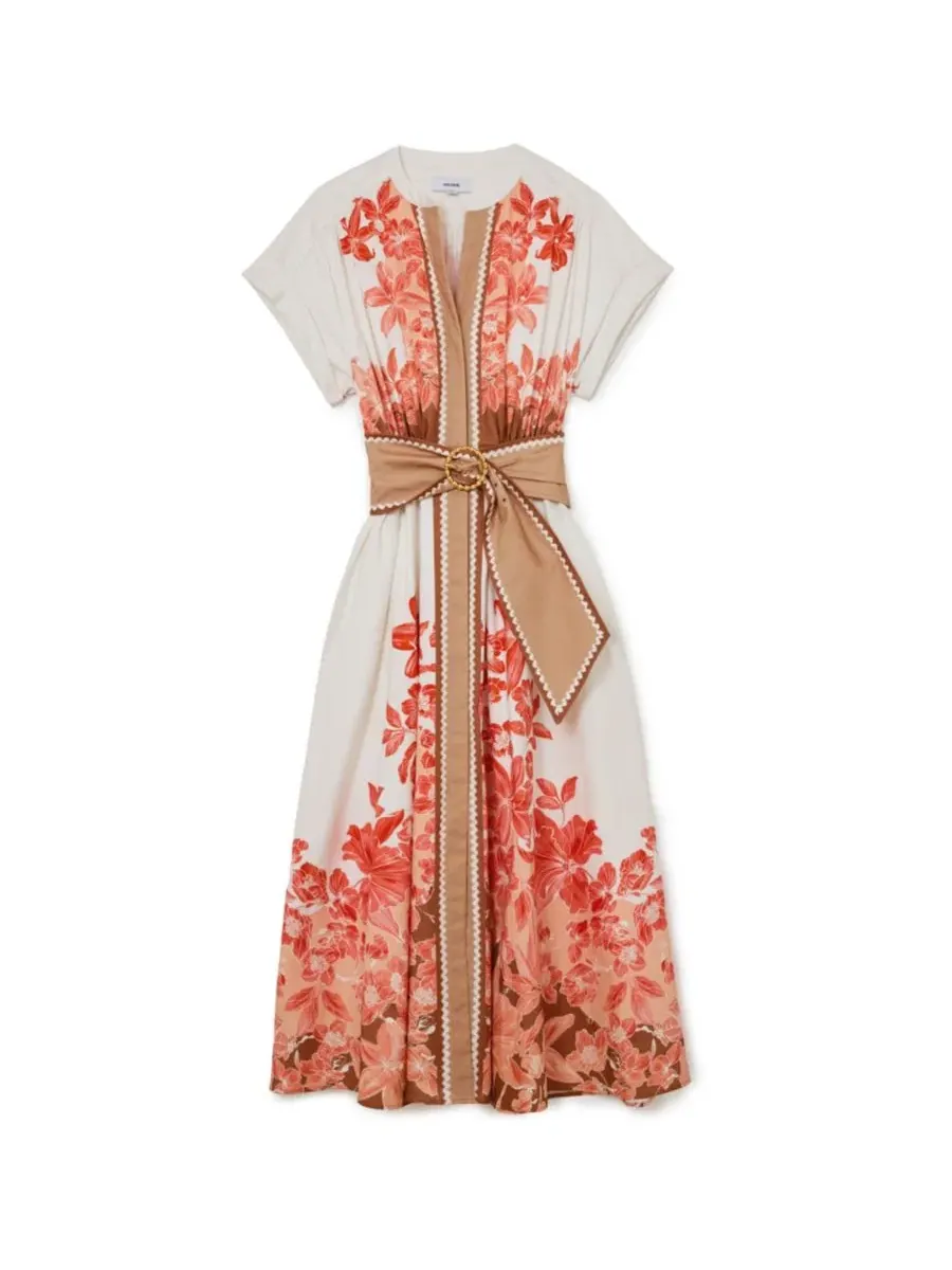 Платье миди с цветочным принтом и поясом Cotton Floral Belted REISS — изображение 2 из 5, розовый слоновая кость