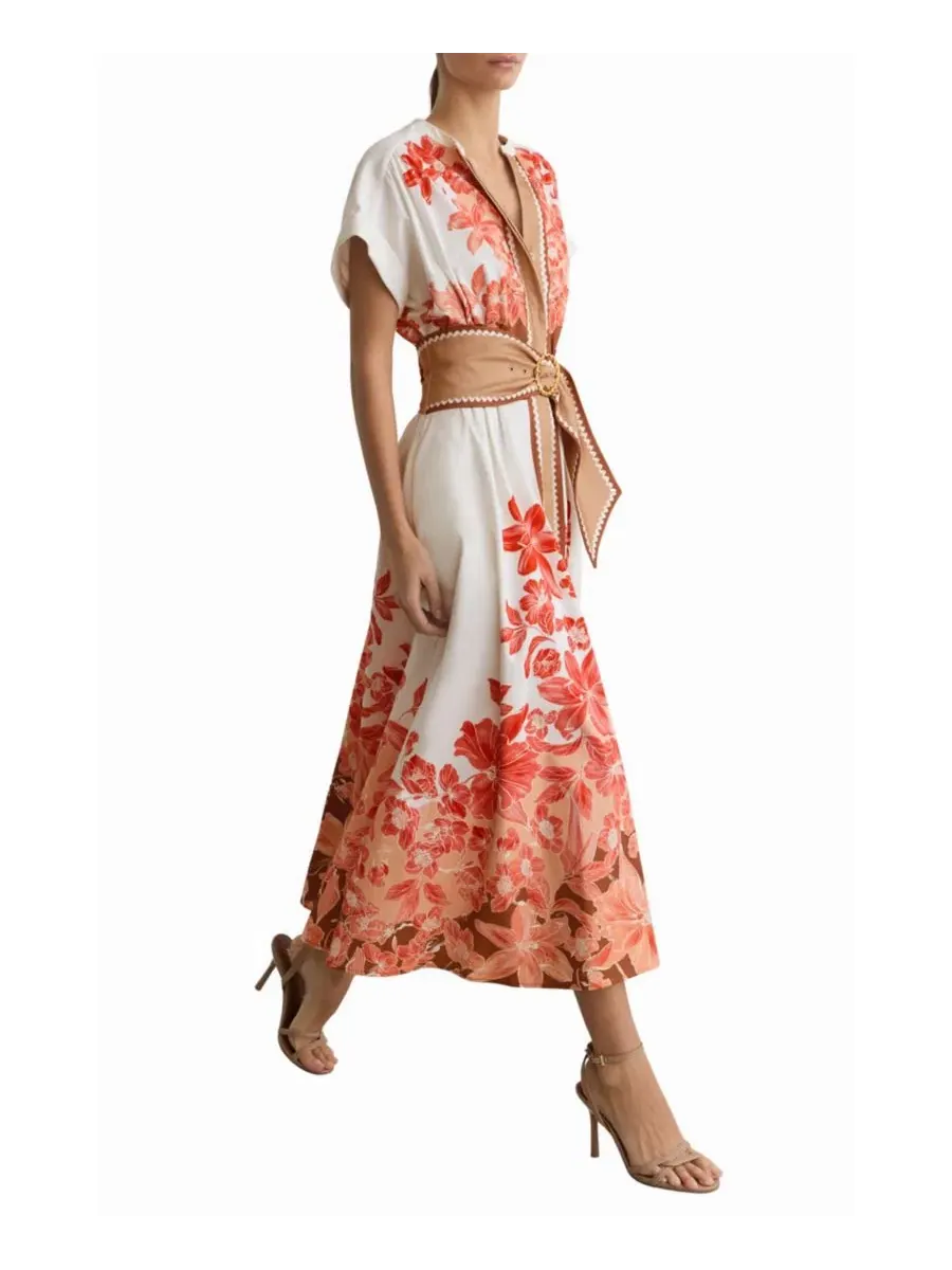 Платье миди с цветочным принтом и поясом Cotton Floral Belted REISS — изображение 3 из 5, розовый слоновая кость