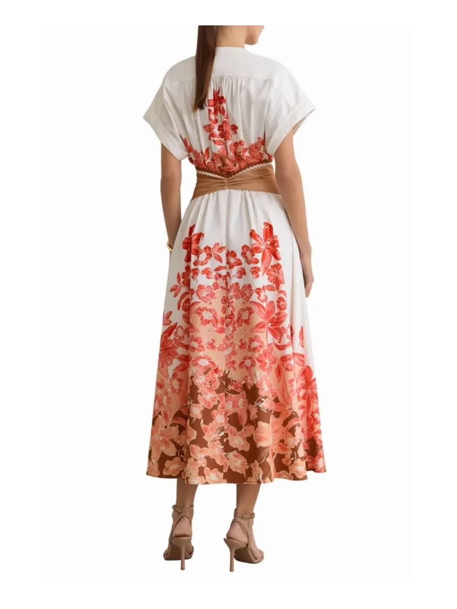 Платье миди с цветочным принтом и поясом Cotton Floral Belted REISS — изображение 5 из 5, розовый слоновая кость