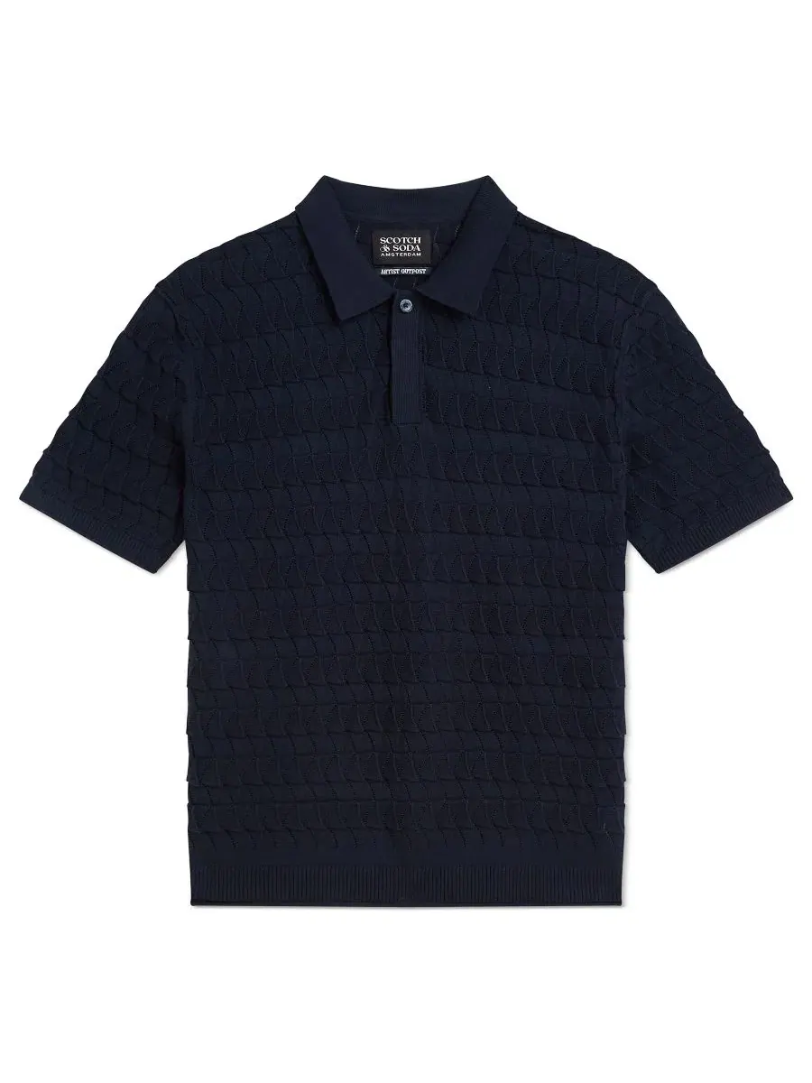 Мужская вязаная рубашка-поло стандартного кроя с ажурной отделкой Scotch & Soda — изображение 5 из 6, голубой