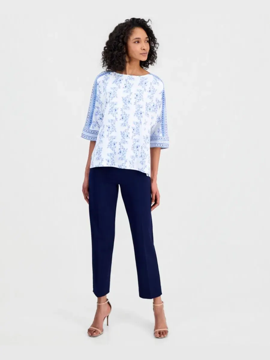 Топ с цветочным принтом, с рукавом 3/4 и лодочкой Anne Klein — изображение 2 из 4, белый мульти