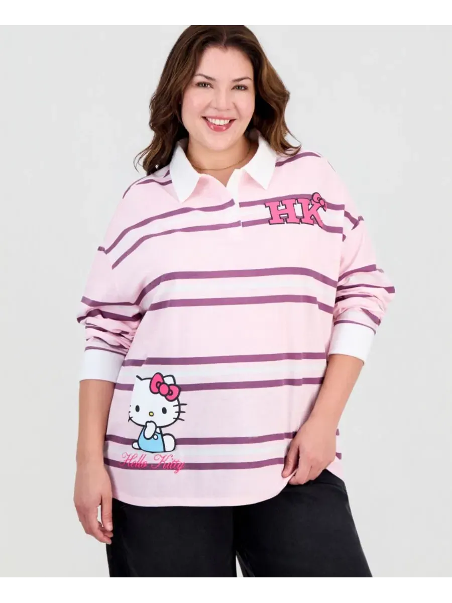 Футболка-поло с принтом Hello Kitty и длинным рукавом, модель Athletic Striped Polo Shirt Love Tribe — розовый