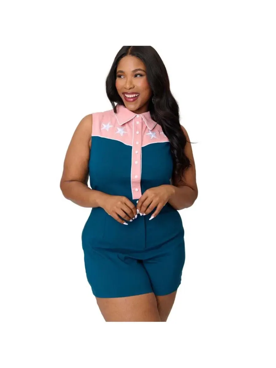 Комбинезон с западным стилем и вышивкой Plus Size 1940s Unique Vintage — изображение 4 из 4, синий розовый