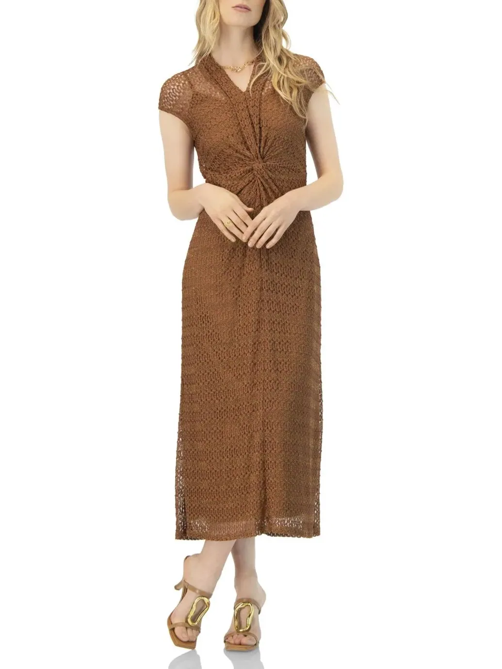 Платье длинное вязаное без рукавов V-Neck Ivonne — изображение 1 из 6, коричневый