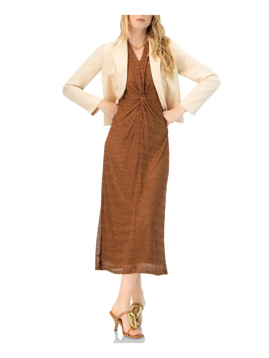 Платье длинное вязаное без рукавов V-Neck Ivonne — изображение 4 из 6, коричневый