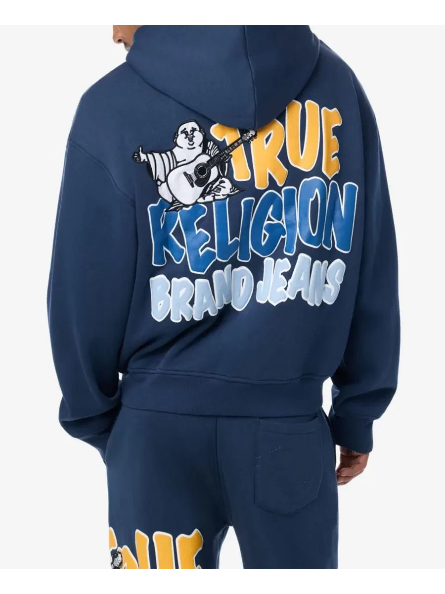 Худи-бомбер с молнией, с капюшоном, с принтом, Buddha Logo True Religion — изображение 1 из 3, синий
