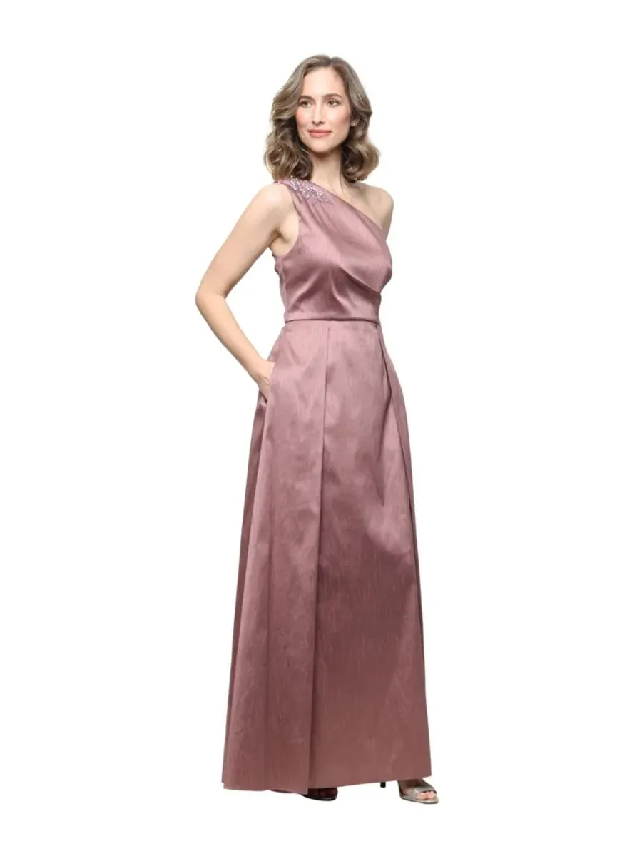 Платье длинное с одним плечом с бисером, модель One-Shoulder Shantung Alex Evenings — изображение 1 из 3, розовый