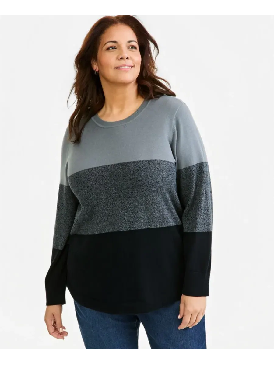 Свитер с цветовым блоком и изогнутым низом Plus Size Deep Black Style & Co — изображение 1 из 4, глубокий черный
