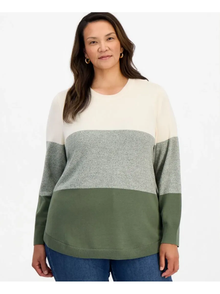 Свитер с цветовой блочной расцветкой и изогнутым низом Plus Size Style & Co — изображение 1 из 3, зеленый