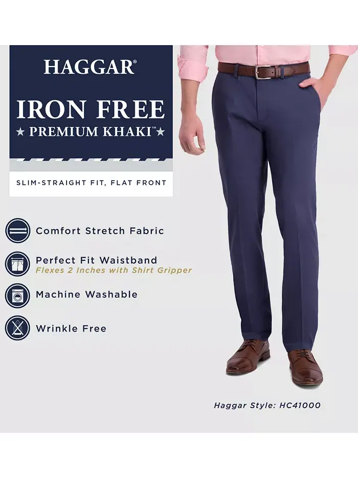 Мужские брюки Premium Khaki Slim-Fit с плоской передней частью, не требующие глажки Haggar — изображение 4 из 6, синий