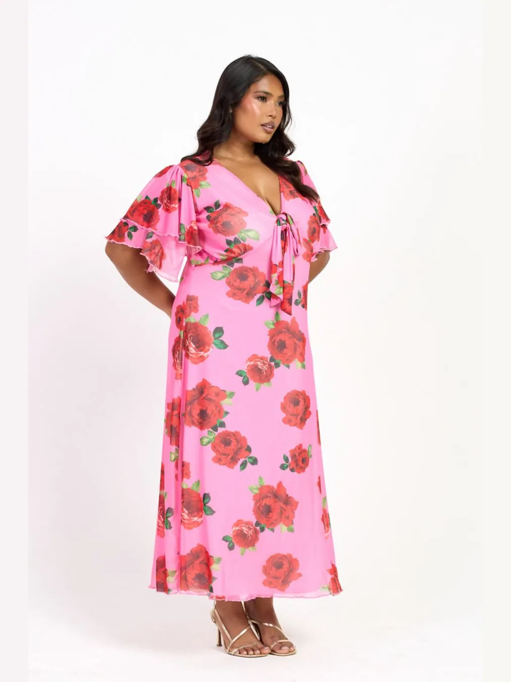 Женское миди-платье с рукавами-крылышками и завязками спереди FASHION-SZN CURVE — изображение 8 из 8, розовый