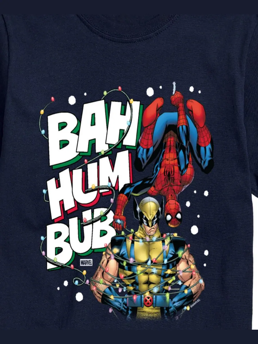 Мужская футболка с коротким рукавом Marvel Bah Hum Bub с изображением Росомахи и Человека-паука — изображение 2 из 3
