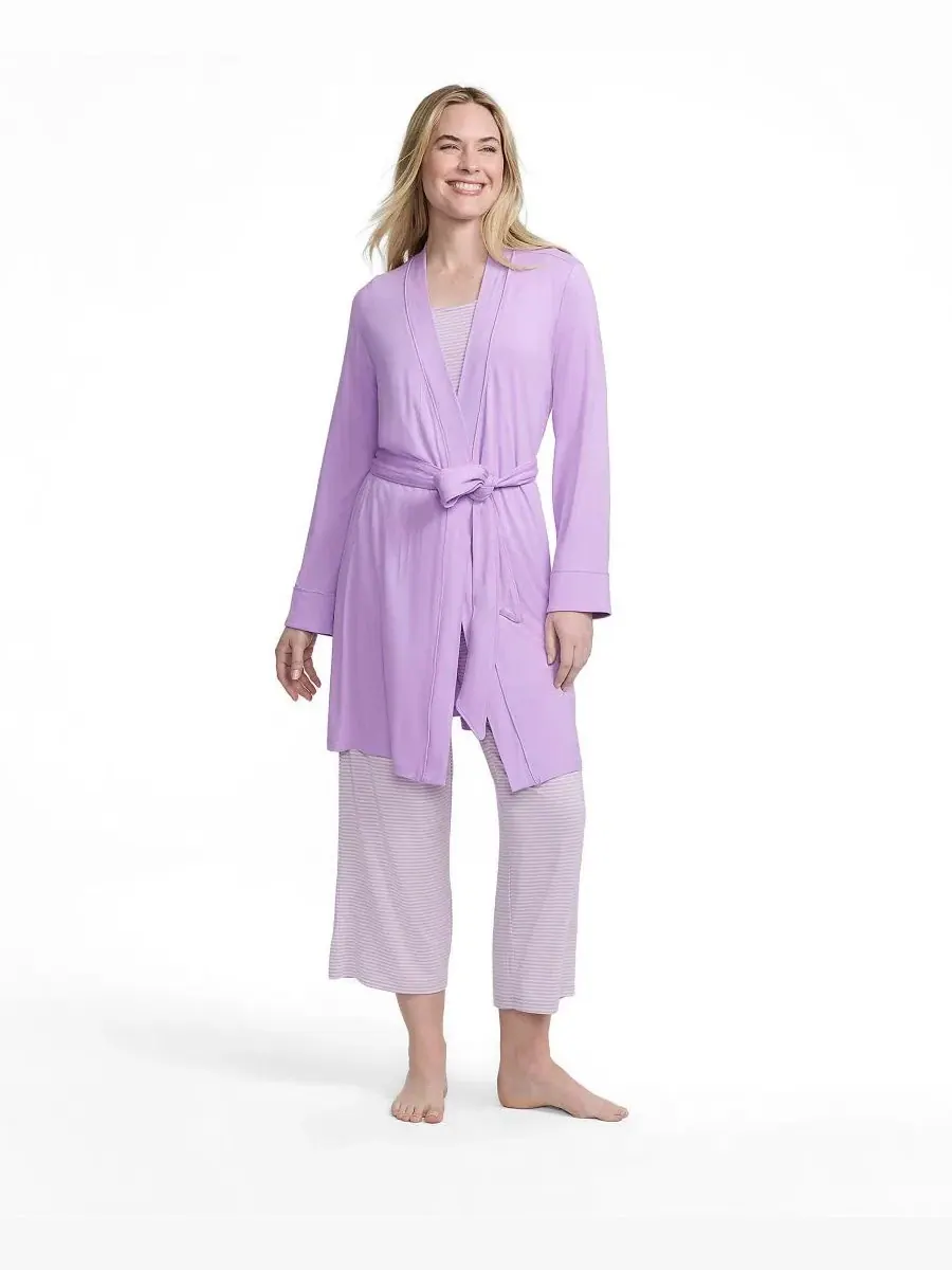 Комплект пижамы из 3 предметов: топ без рукавов, брюки и халат Lands' End, Blushed Lilac Mini Stripe — изображение 2 из 4
