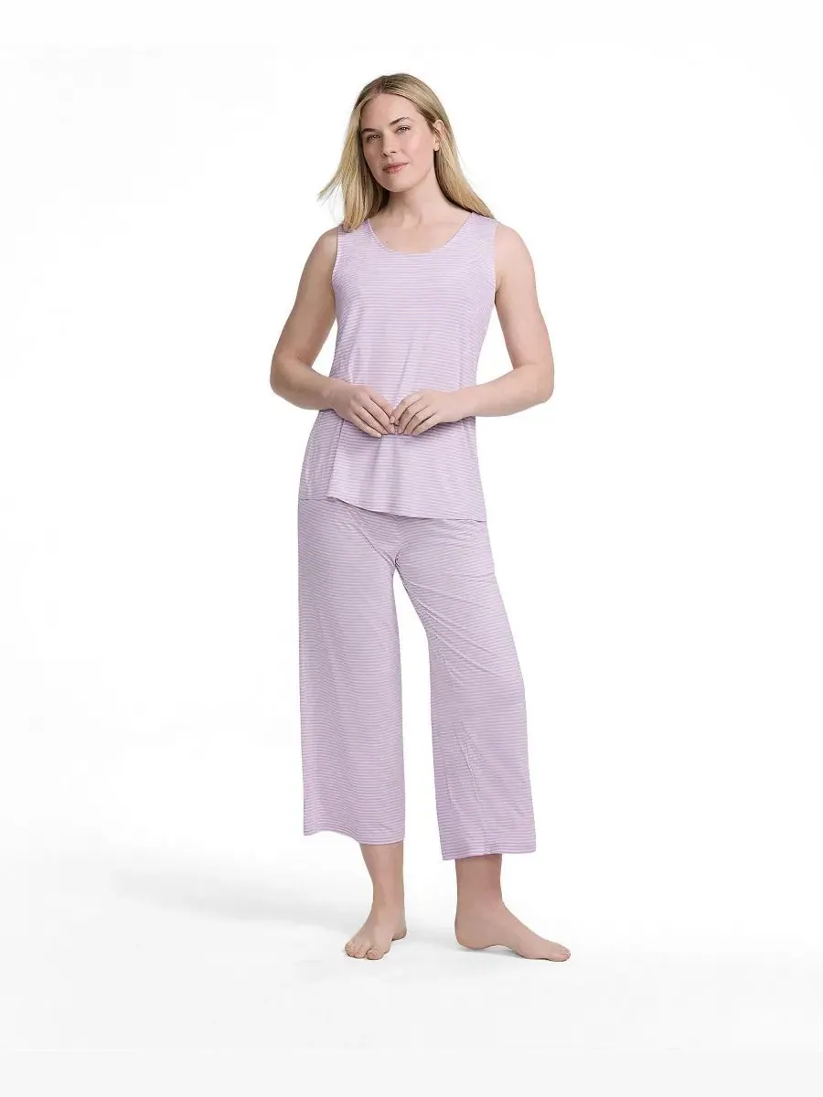 Комплект пижамы из 3 предметов: топ без рукавов, брюки и халат Lands' End, Blushed Lilac Mini Stripe — изображение 3 из 4