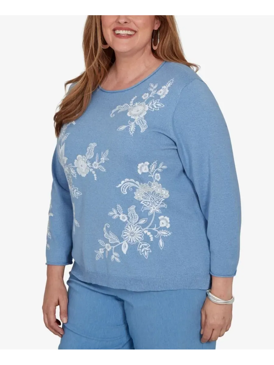 Свитер с цветочной вышивкой, 3/4 рукав, Provence Floral-Embroidered Alfred Dunner — изображение 1 из 2, синий