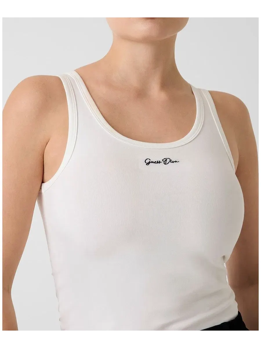 Топ без рукавов с вырезом-лодочка Alya Ribbed Scoop Neck Tank Top GUESS — изображение 3 из 4, белый