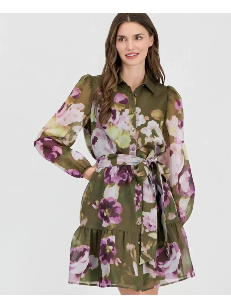 Платье-рубашка из шифона с ярусной юбкой Anne Klein — изображение 3 из 5, мульти