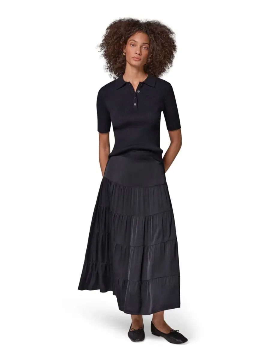 Юбка миди из атласа с ярусным кроем Donna Karan Weekend — изображение 2 из 7, черный