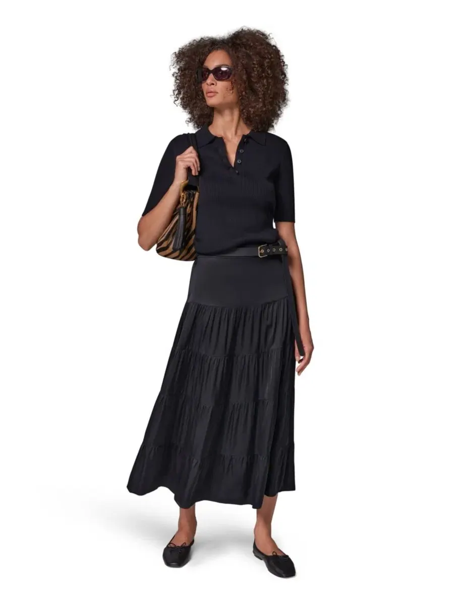 Юбка миди из атласа с ярусным кроем Donna Karan Weekend — изображение 7 из 7, черный