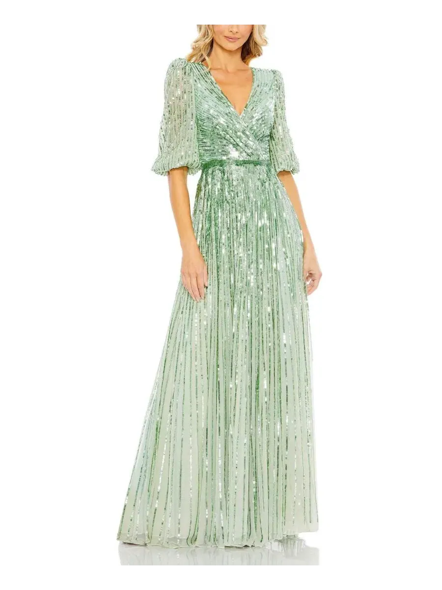 Платье с пайетками с запахом и рукавом 3/4, модель Sequin Wrap Over 3/4 Sleeve Gown Mac Duggal — изображение 1 из 3