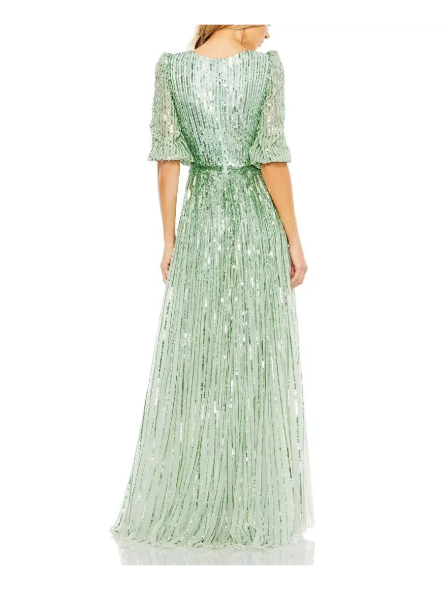 Платье с пайетками с запахом и рукавом 3/4, модель Sequin Wrap Over 3/4 Sleeve Gown Mac Duggal — изображение 2 из 3