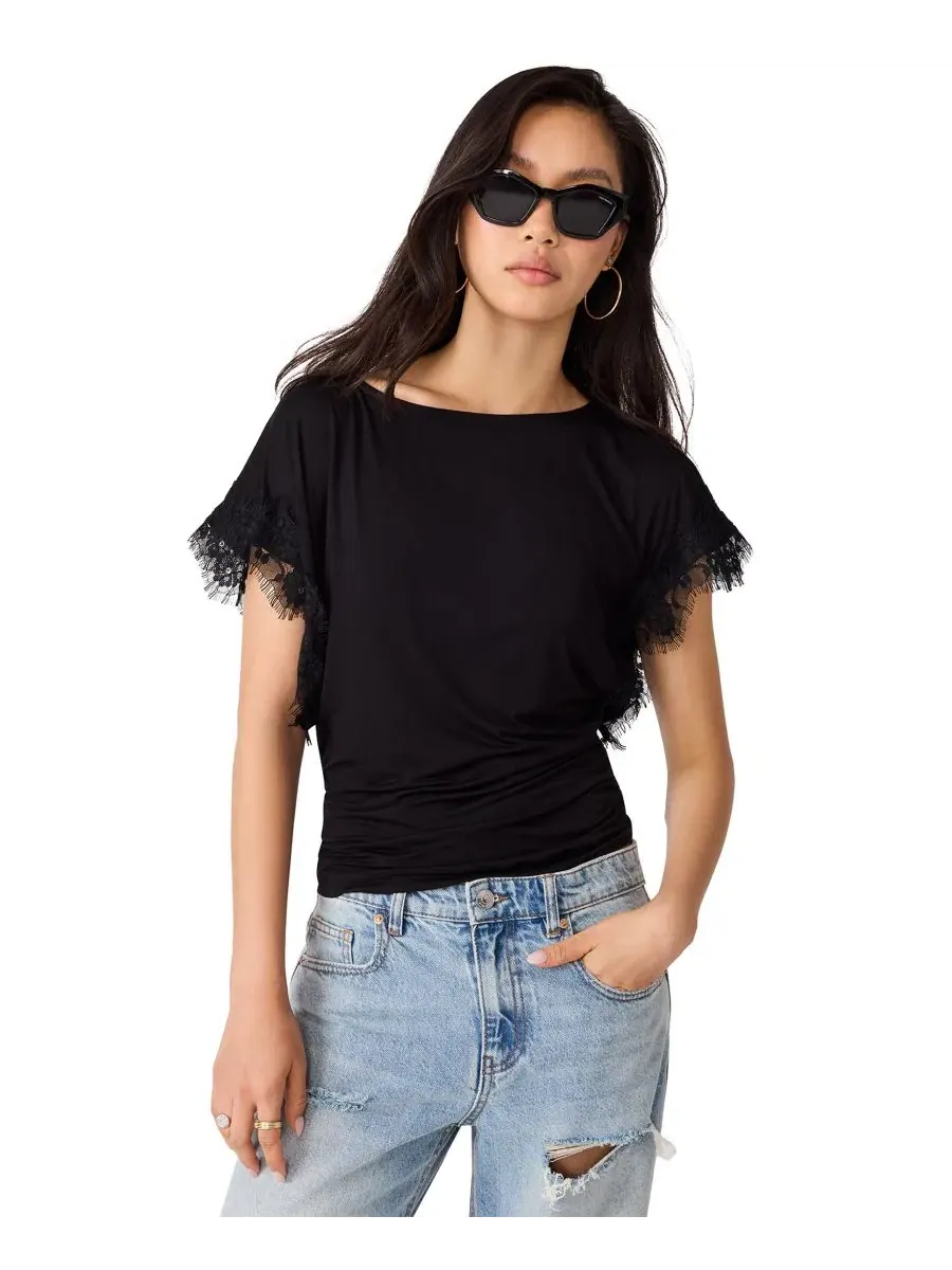 Женский топ с лодочным вырезом и кружевными рукавами Paloma Lace Boat Neck Short-Sleeve Knit Top — изображение 3 из 6, черный