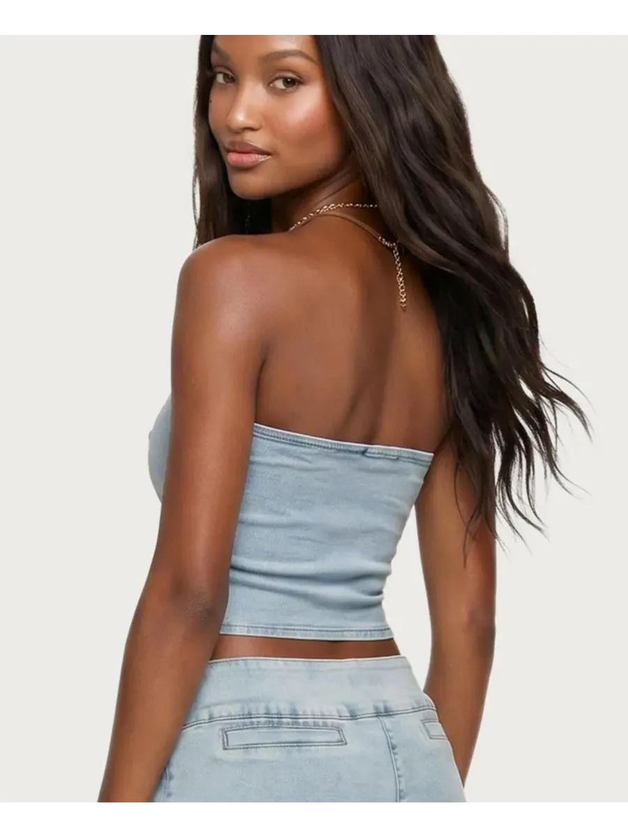 Топ без бретелек с асимметричным подолом Zaida Asymmetric Denim Strapless Top Edikted — изображение 2 из 5, светлый-синий