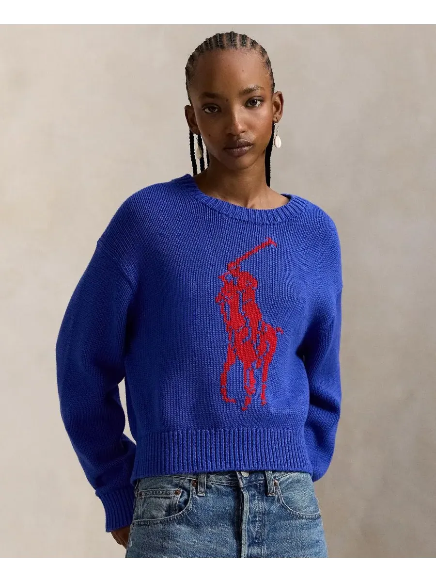 Женский свитер с круглым вырезом "Большой пони" Polo Ralph Lauren — изображение 1 из 6, синий