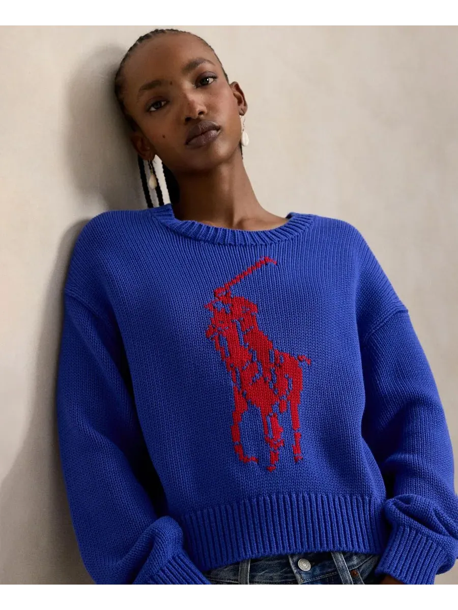 Женский свитер с круглым вырезом "Большой пони" Polo Ralph Lauren — изображение 3 из 6, синий