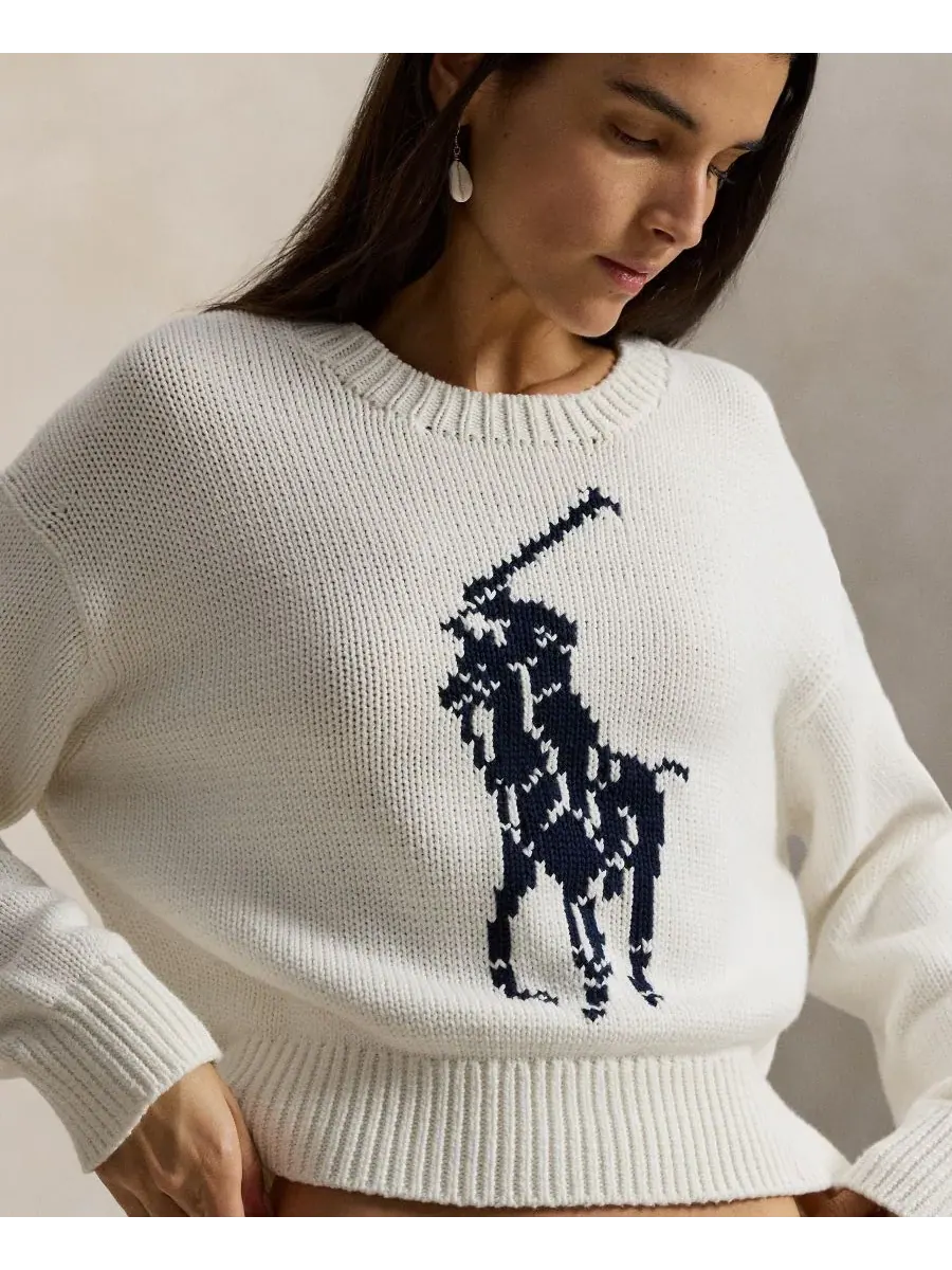 Женский свитер с круглым вырезом "Большой пони" Polo Ralph Lauren — изображение 4 из 5, белый