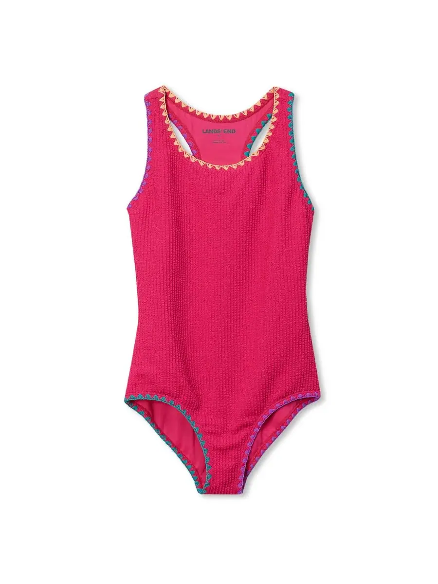 Детский цельный купальник с вышивкой, устойчивый к хлору Lands' End, Neon Fuchsia
