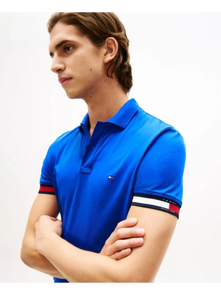 Tommy Hilfiger Мужская рубашка-поло из жидкого хлопка с манжетами красного — изображение 3 из 4, синий