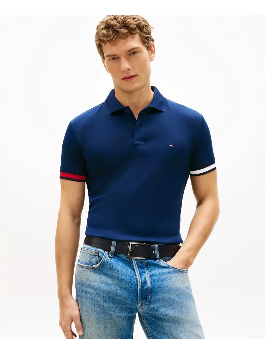 Tommy Hilfiger Мужская рубашка-поло из жидкого хлопка с манжетами красного — изображение 1 из 4, темно-синий