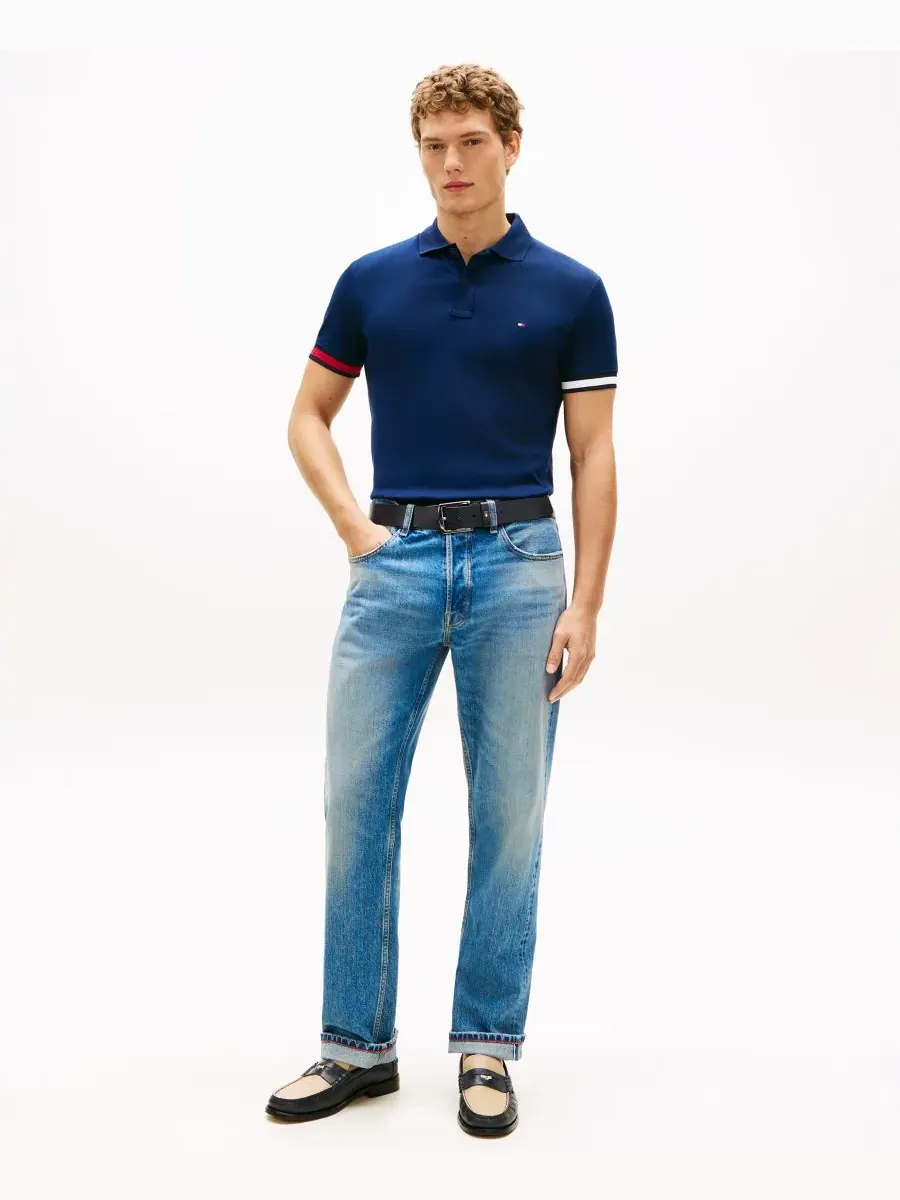 Tommy Hilfiger Мужская рубашка-поло из жидкого хлопка с манжетами красного — изображение 2 из 4, темно-синий