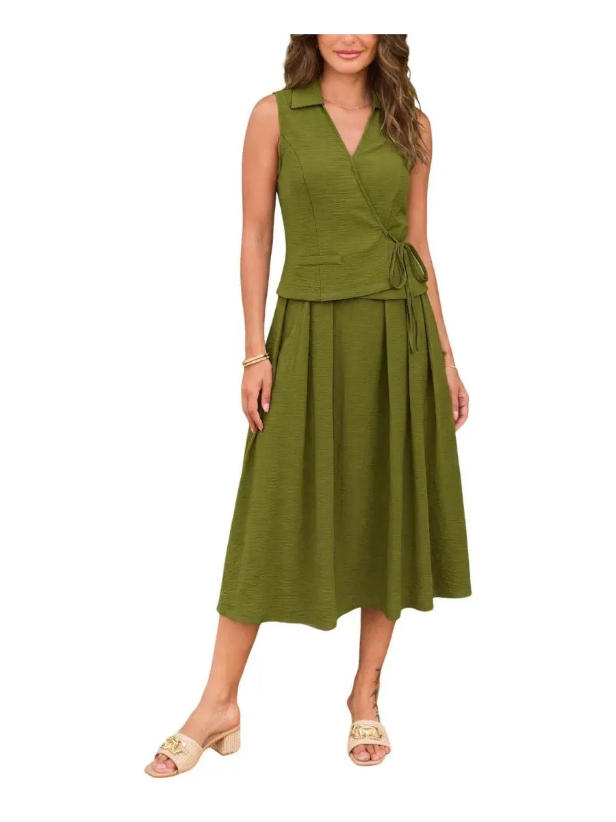 Комплект из блузы с воротником и юбки с завязкой, модель Collared Tied Front Skirt Set Cupshe — изображение 1 из 5