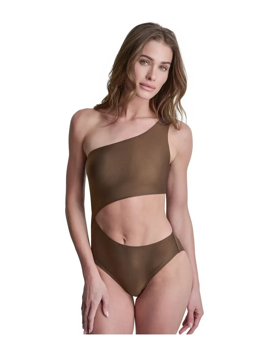 Женский слитный купальник с одним открытым плечом и вырезом DKNY — изображение 1 из 5, коричневый