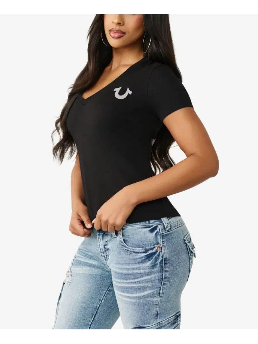Женская футболка с V-образным вырезом «Хрустальный Будда» True Religion — изображение 2 из 3, черный