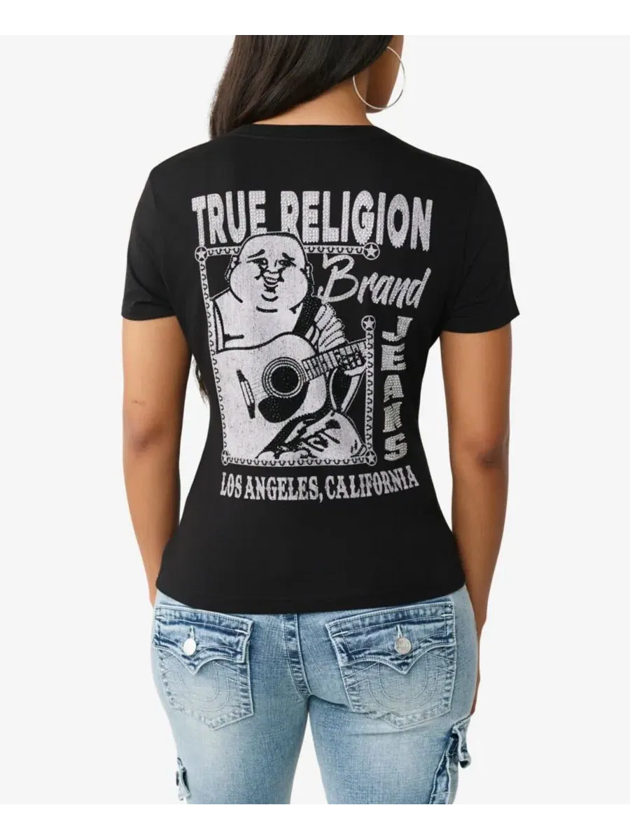 Женская футболка с V-образным вырезом «Хрустальный Будда» True Religion — изображение 3 из 3, черный