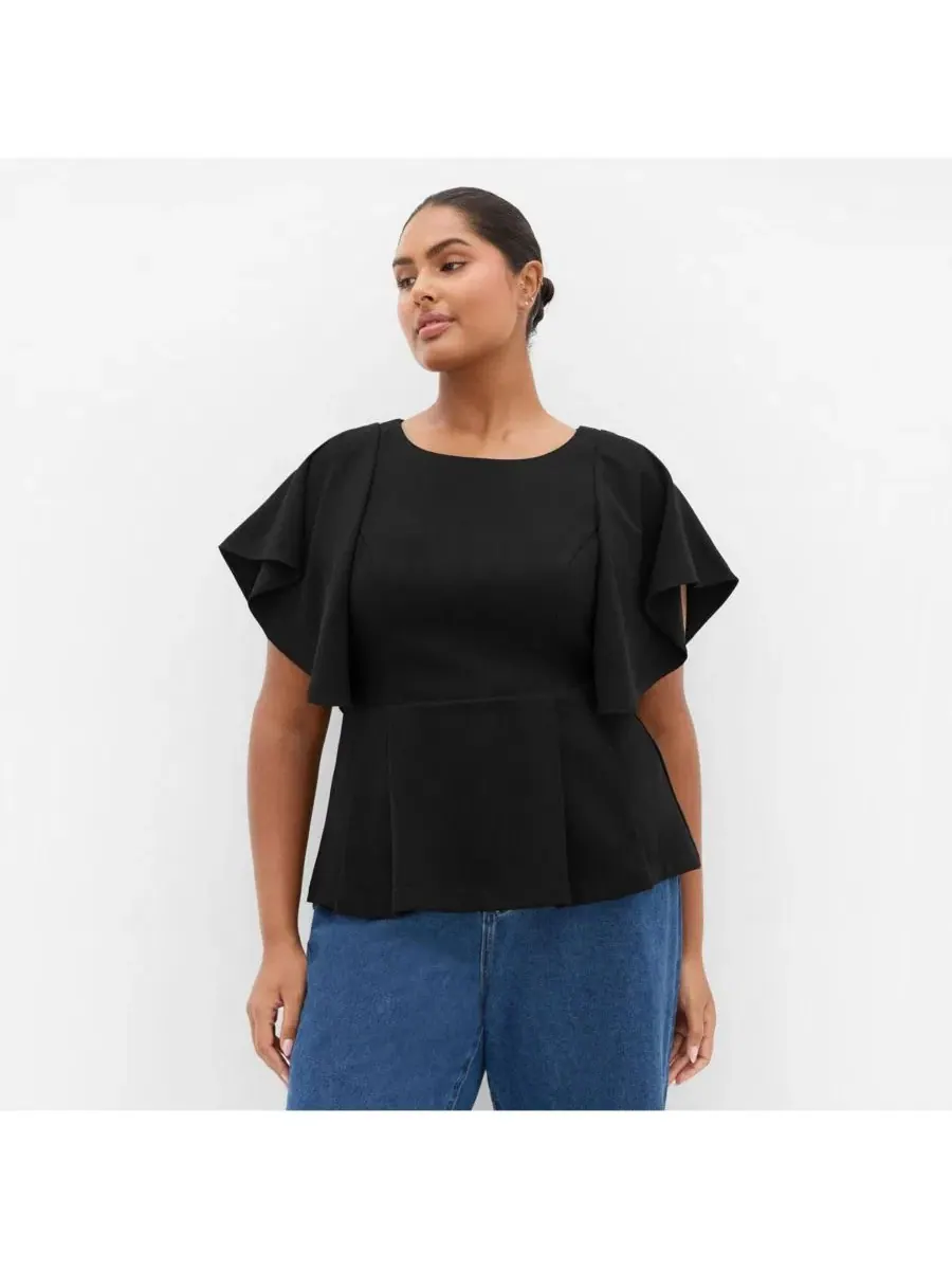 Топ с пеплумом и короткими рукавами-воланами, Plus Size CITY CHIC