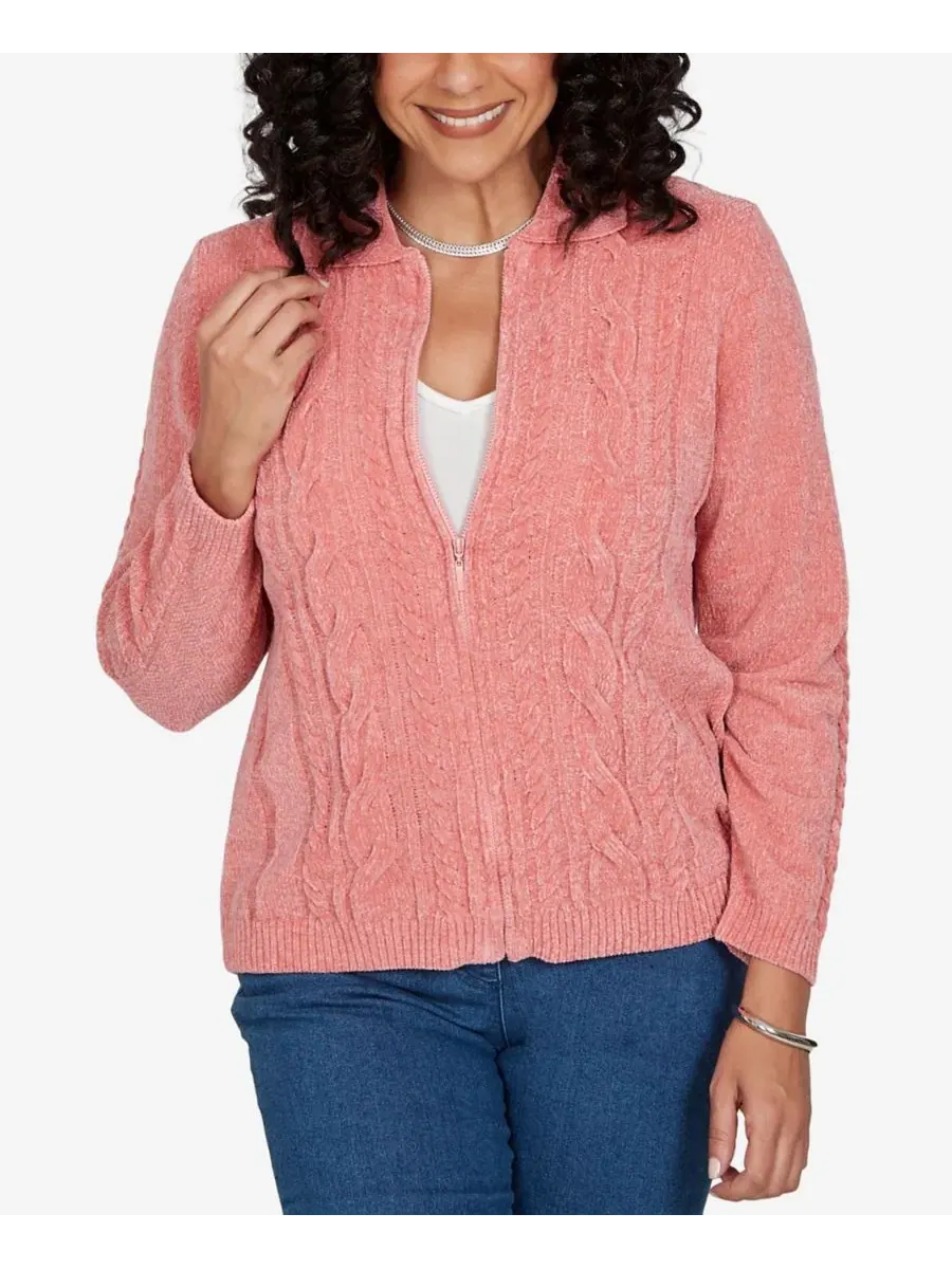 Кардиган с кабельной вязкой и воротником на молнии Petite Cable Knit Full-Zip Collared Cardigan — изображение 1 из 5, абрикос